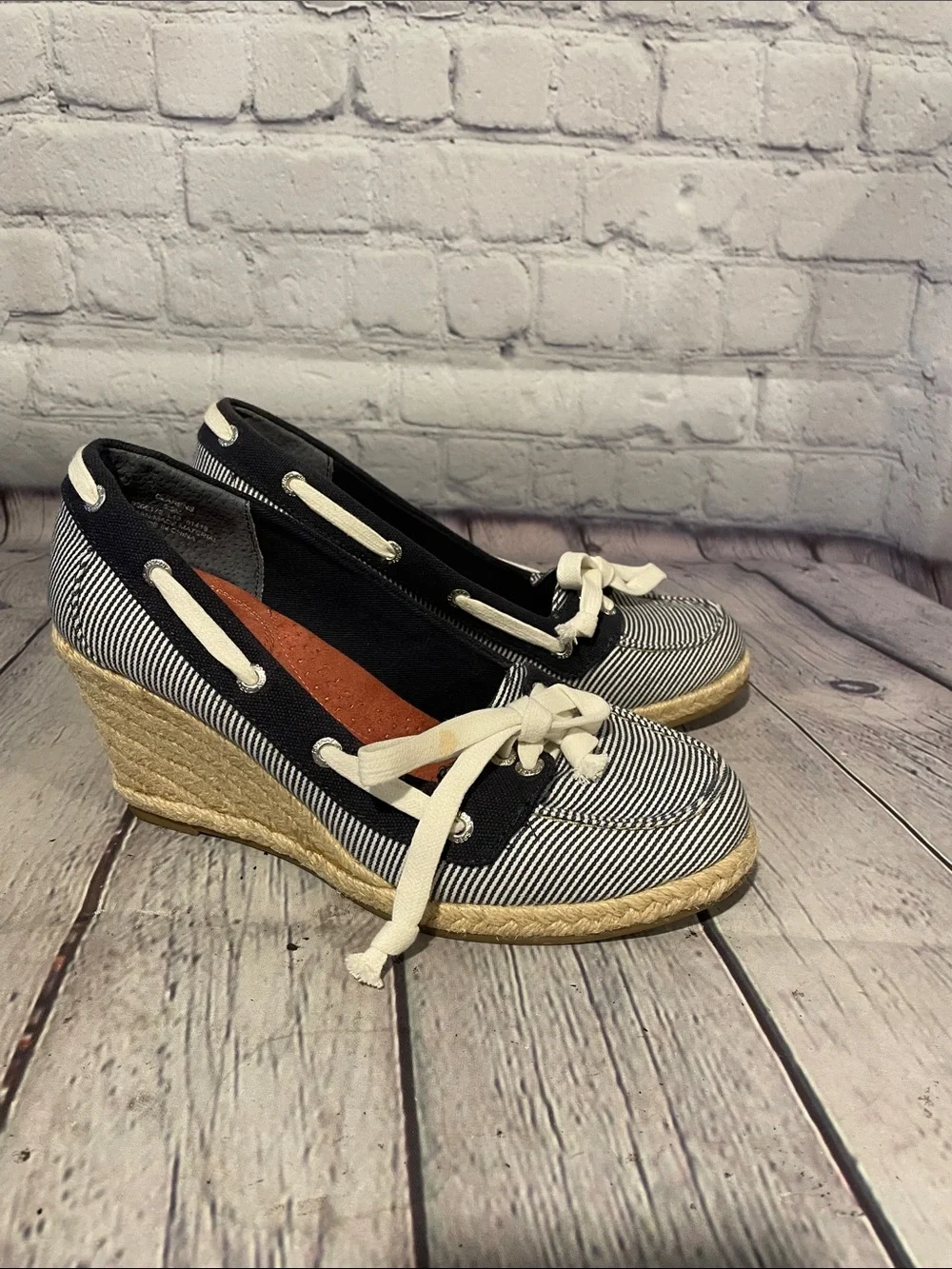 Sperry Black & White Striped Espadrille Wedge Boat Shoes - Women